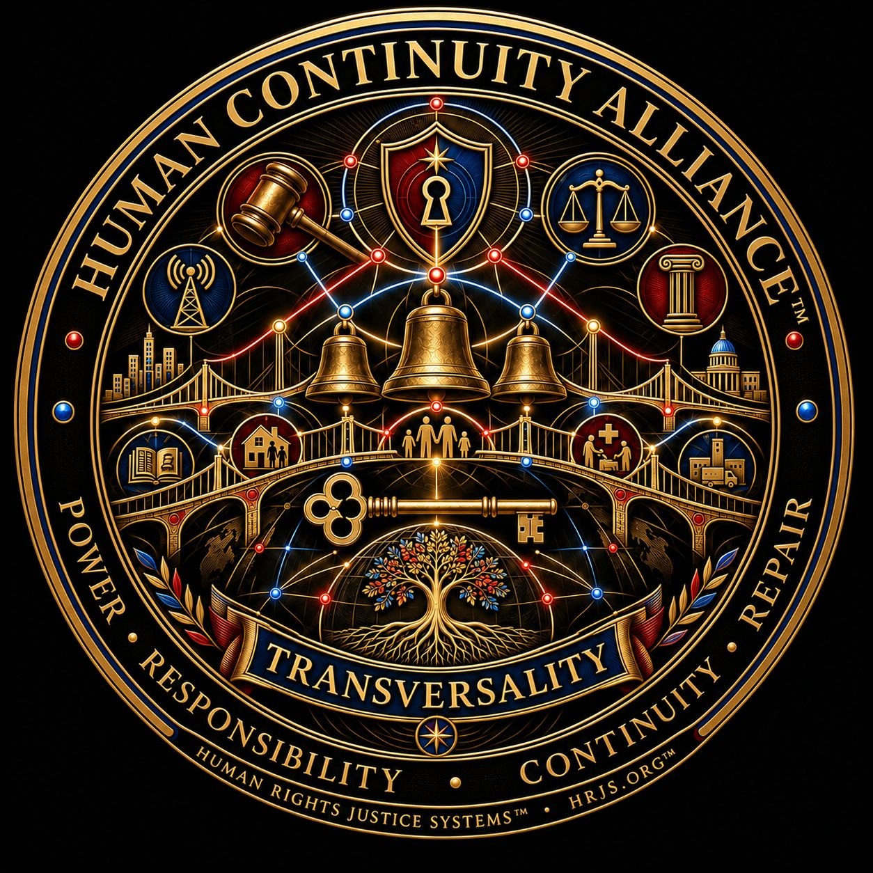 Human Continuity Alliance™ emblem representing transversality, institutional continuity, responsibility, repair, and Human Rights Justice Systems™.