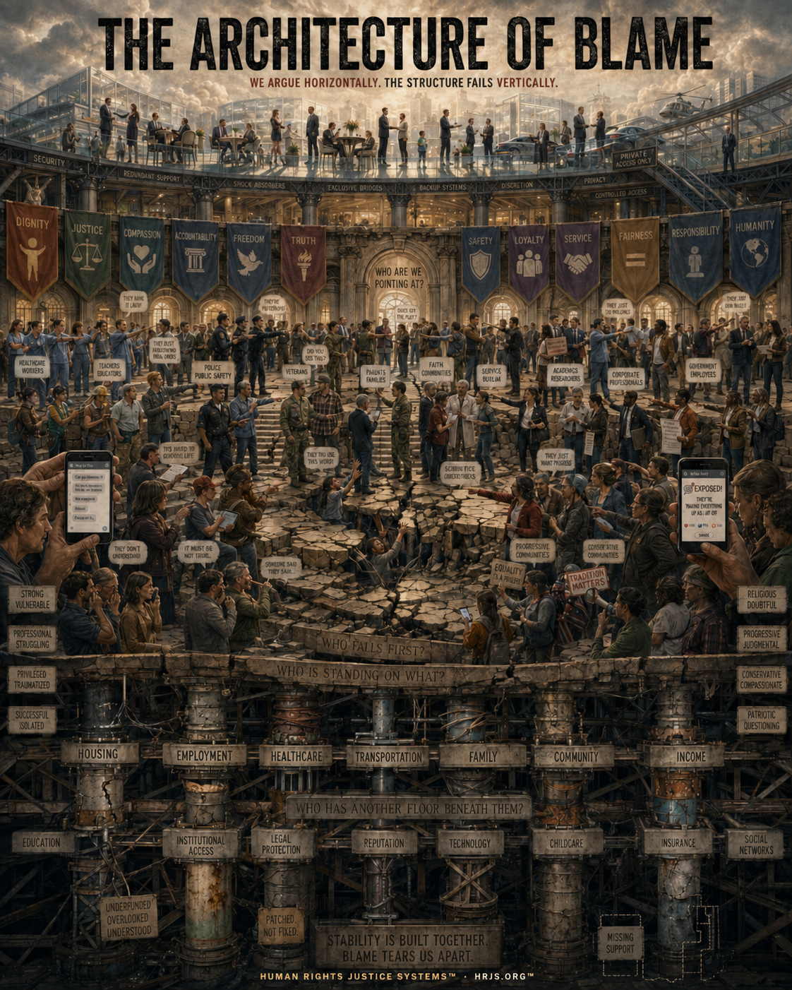 The Architecture of Blame, showing communities arguing across a fractured institutional structure while unequal foundations determine who falls first.